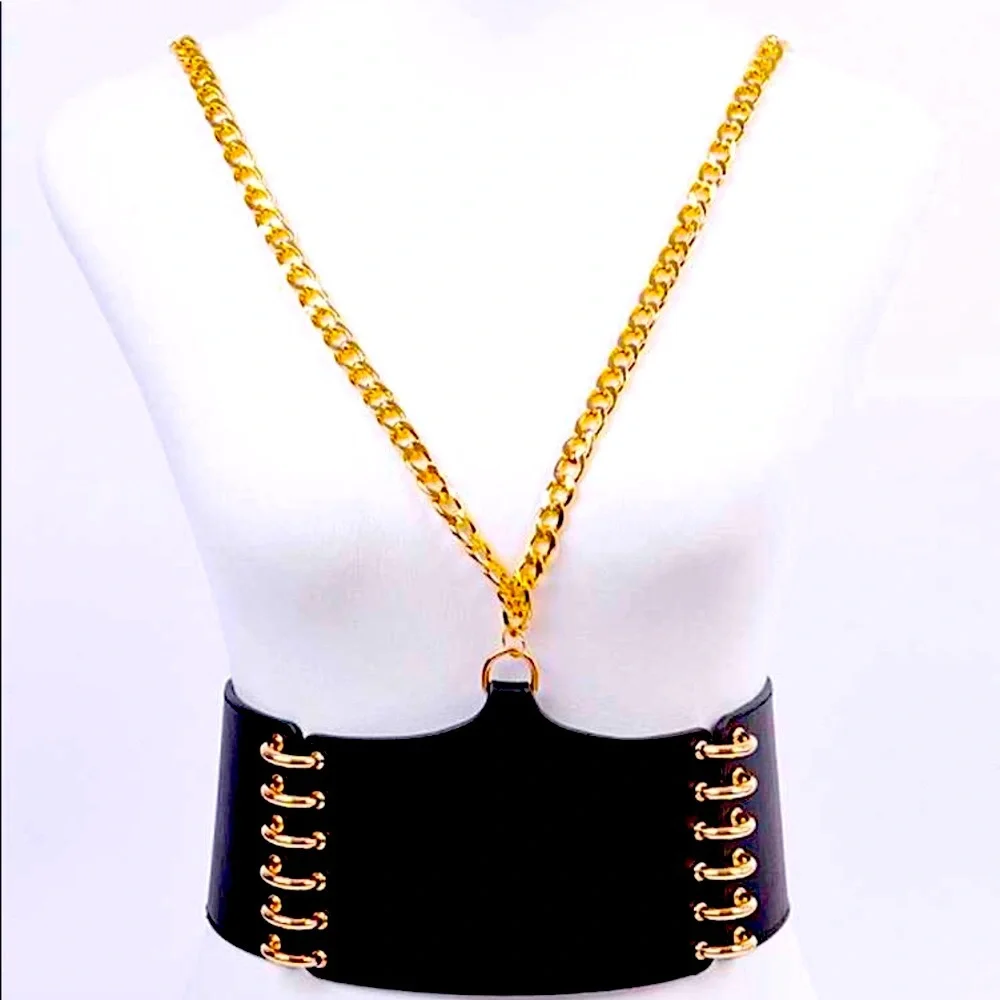 Black Leather & Gold Chain Corset Statement Belt